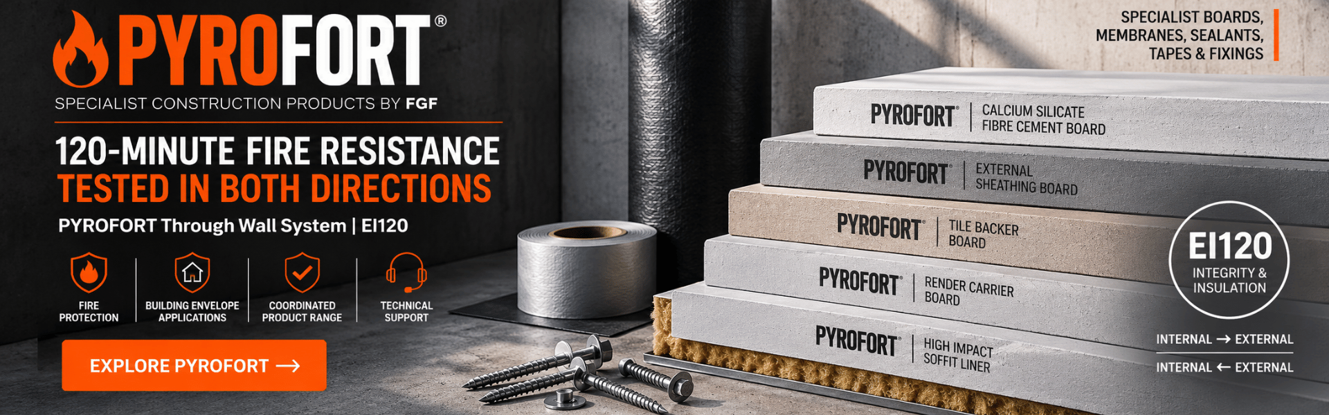 PYROFORT EI120 Through Wall System – Homepage Banner PYROFORT specialist construction products by FGF, featuring the EI120 Through Wall System tested for 120-minute fire resistance in both directions.