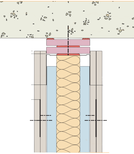 Deflection head detail showing a plasterboard partition with insulation and a movement gap beneath a concrete slab.