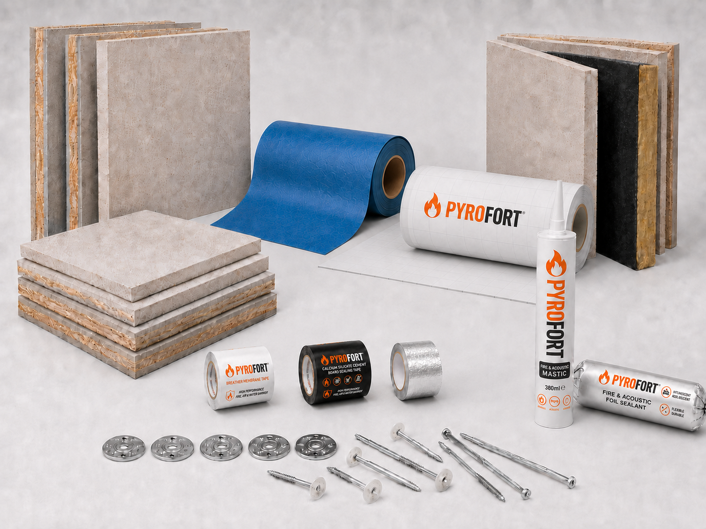 PYROFORT boards, membrane, sealant, tapes and fixings arranged as a product range