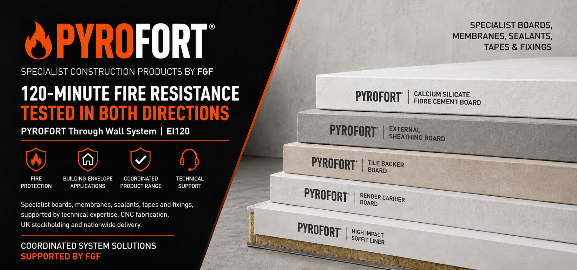 PYROFORT specialist construction boards including calcium silicate fibre cement board, external sheathing board, tile backer board, render carrier board and high impact soffit liner